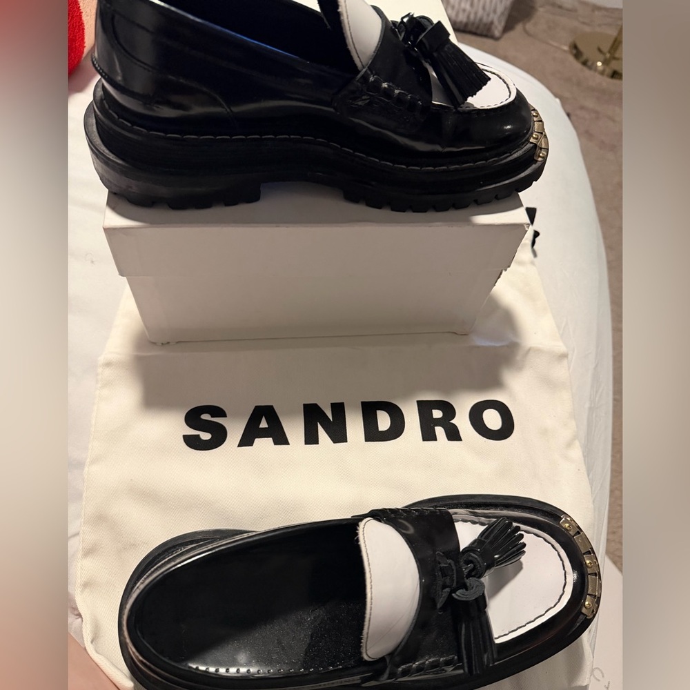 Sandro Black & White Tassel Chunky Loafers size 38 EUR great condition